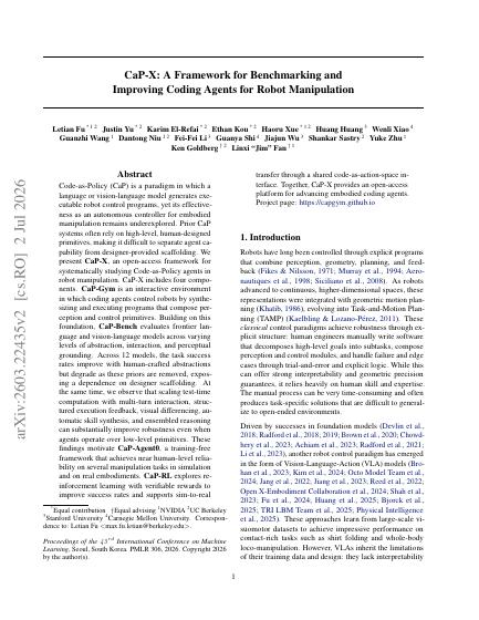 CaP-X: A Framework for Benchmarking and Improving Coding Agents for Robot Manipulation — first page