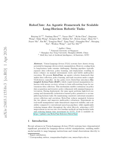 RoboClaw: An Agentic Framework for Scalable Long-Horizon Robotic Tasks — first page