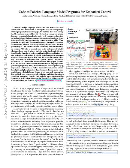 Code as Policies: Language Model Programs for Embodied Control — first page