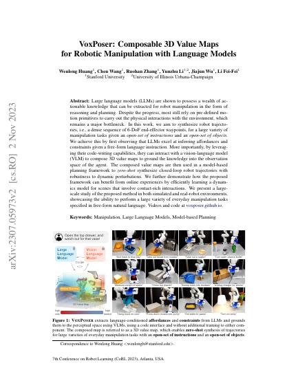 VoxPoser: Composable 3D Value Maps for Robotic Manipulation with Language Models — first page